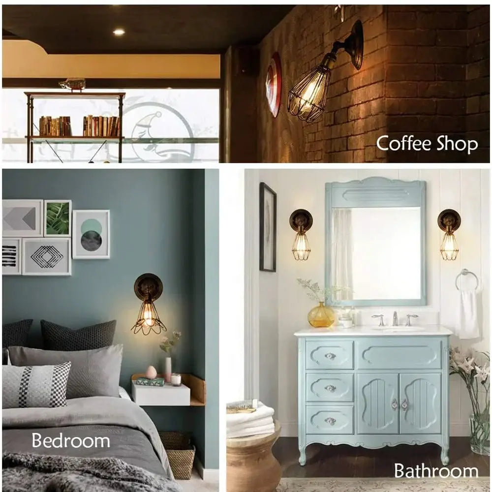 Three interior scenes featuring decorbites industrial cage wall lights in antique brass with rustic bedroom and bathroom designs