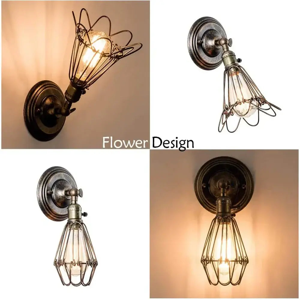 Antique brass industrial cage wall light with dark bronze wrought iron cage and floral and geometric design for rustic decorbites industrial cage sconce