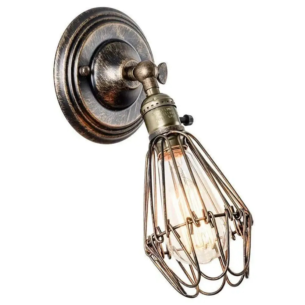 Antique brass industrial cage wall light with wire cage and exposed filament bulb for rustic bedroom decorbites industrial cage