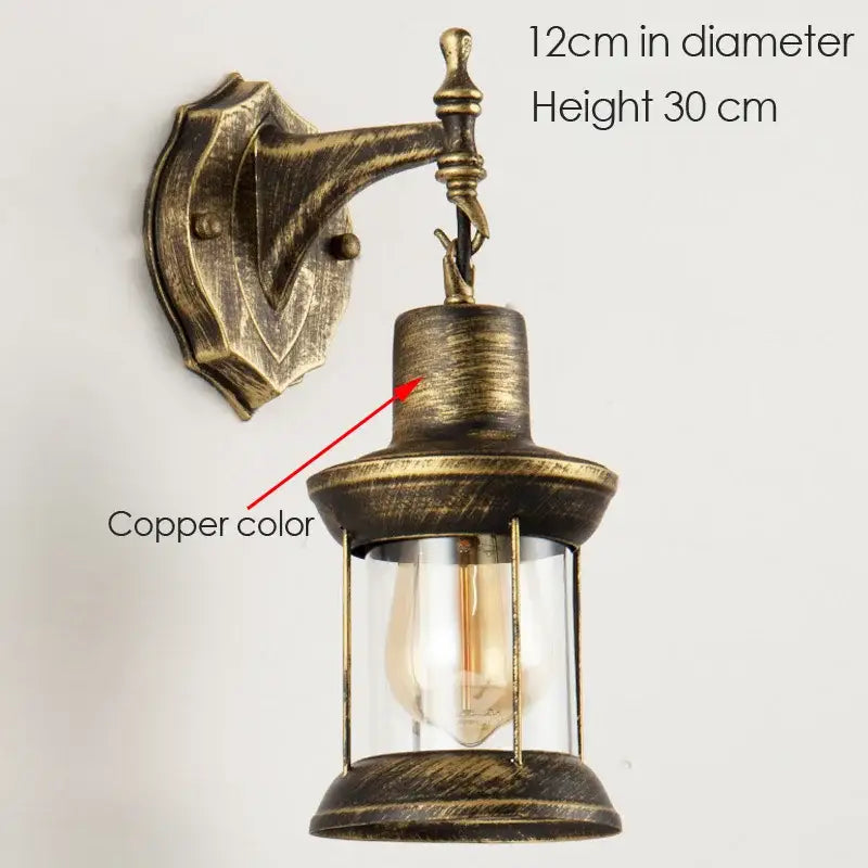 Copper-colored vintage industrial glass wall lamp with brass-finished metal frame for decorbites industrial glass wall decor