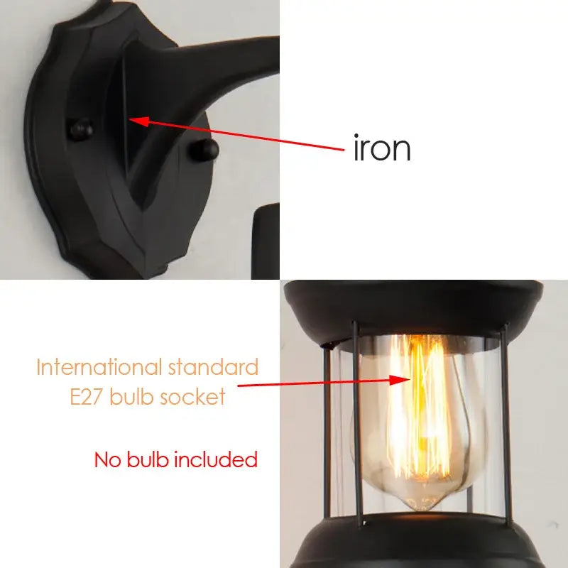 Black iron wall lamp with vintage-style glass lantern and e27 bulb socket for decorbites industrial glass wall decor
