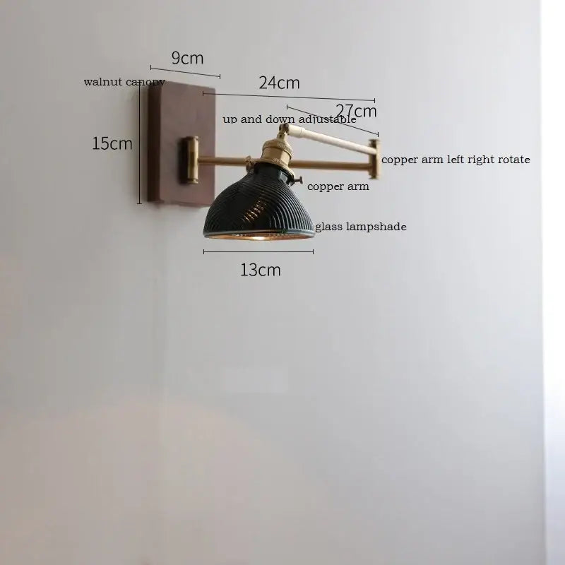Antique brass industrial wall light with dark glass lampshade copper arms and walnut canopy for bedroom decorbites clear glass