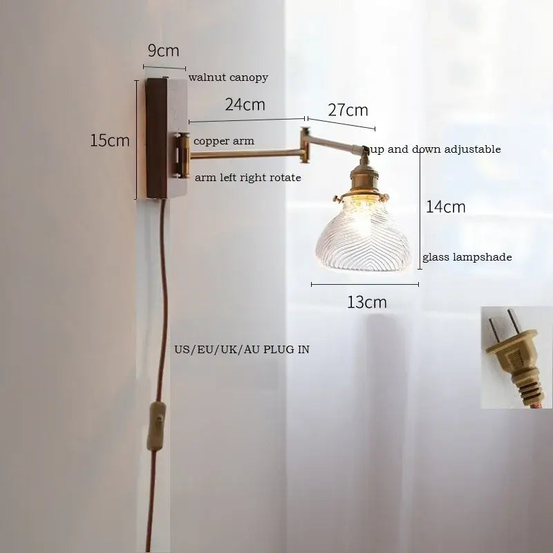Adjustable wall light with walnut canopy copper arm and clear glass textured lampshade for bedroom decorbites clear glass