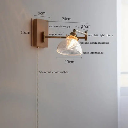 Adjustable wall light with copper arm, ash wood canopy, and decorbites clear glass ribbed lampshade for bedroom decor