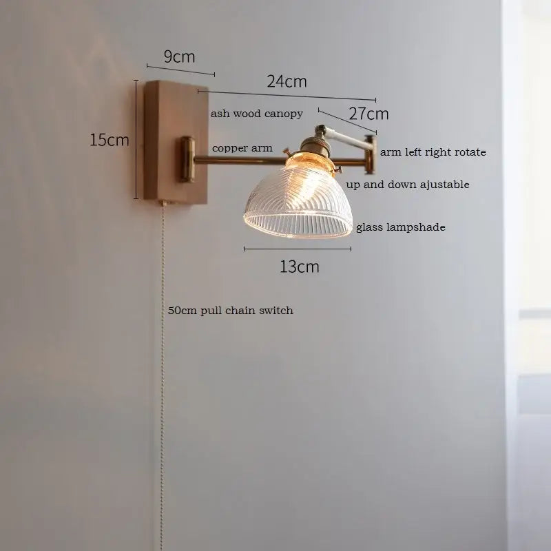 Adjustable wall light with copper arm, ash wood canopy, and decorbites clear glass ribbed lampshade for bedroom decor