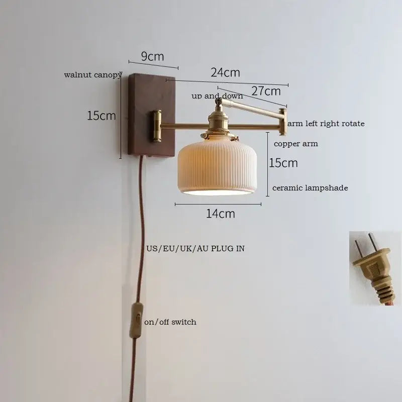 Antique brass industrial wall light with clear glass features a vintage walnut canopy copper arm and ribbed ceramic shade