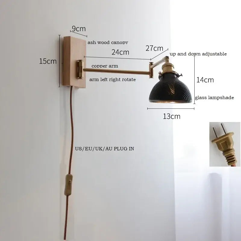 Adjustable wall light with rustic ash wood canopy copper arm and black glass lampshade by decorbites clear glass for bedroom