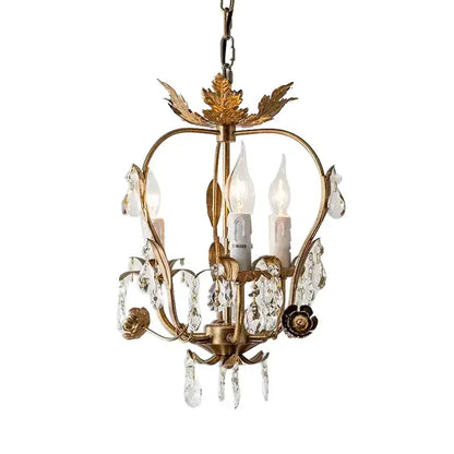 Antique brass iron crystal chandelier with gold leaf and candle-style bulbs for bedroom decorbites iron crystal lighting