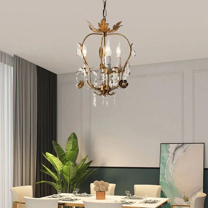 Antique brass iron crystal chandelier bedroom leaf pendant light with gold-toned decorbites iron crystal accents
