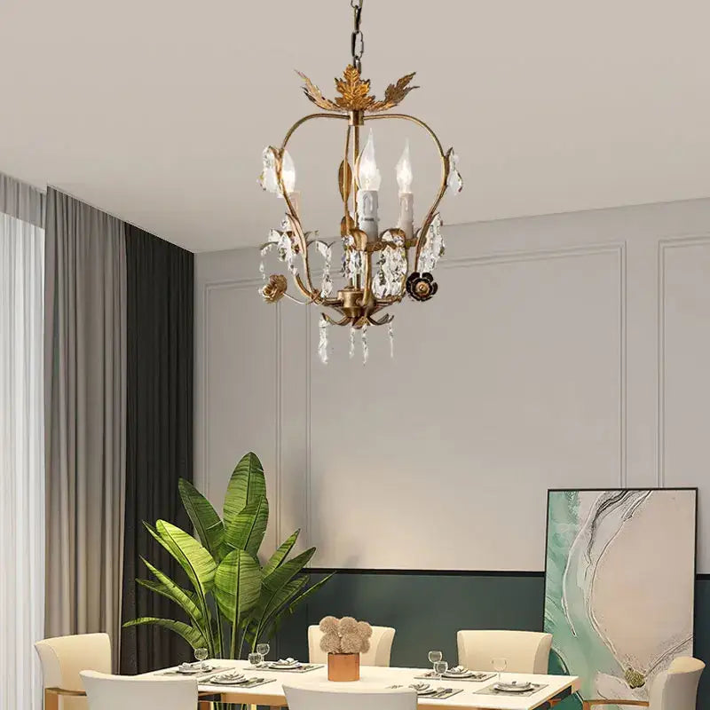 Antique brass iron crystal chandelier bedroom leaf pendant light with gold-toned decorbites iron crystal accents