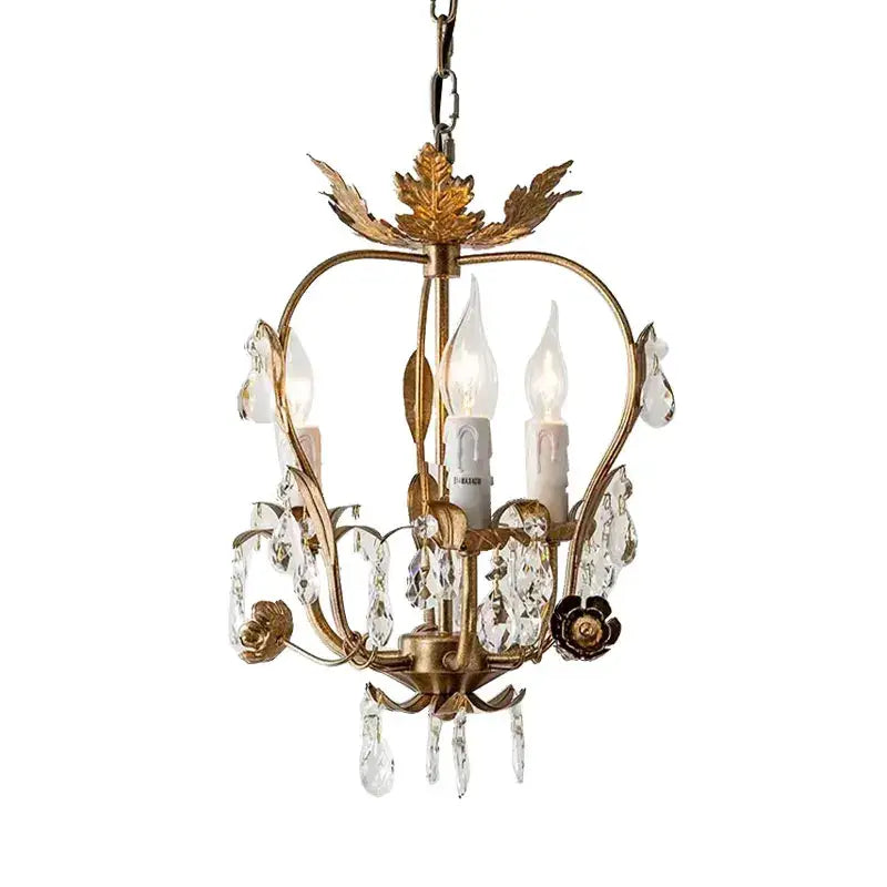 Antique brass iron crystal chandelier with gold leaf details and candle-style bulbs for bedroom decorbites iron crystal lighting