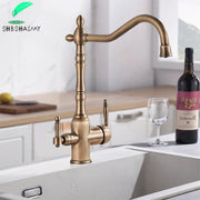Antique brass kitchen faucet with dual handles featuring an ornate vintage-inspired design in brass finish