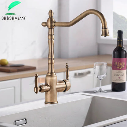 Antique brass kitchen faucet with dual handles featuring an ornate vintage-inspired design in brass finish
