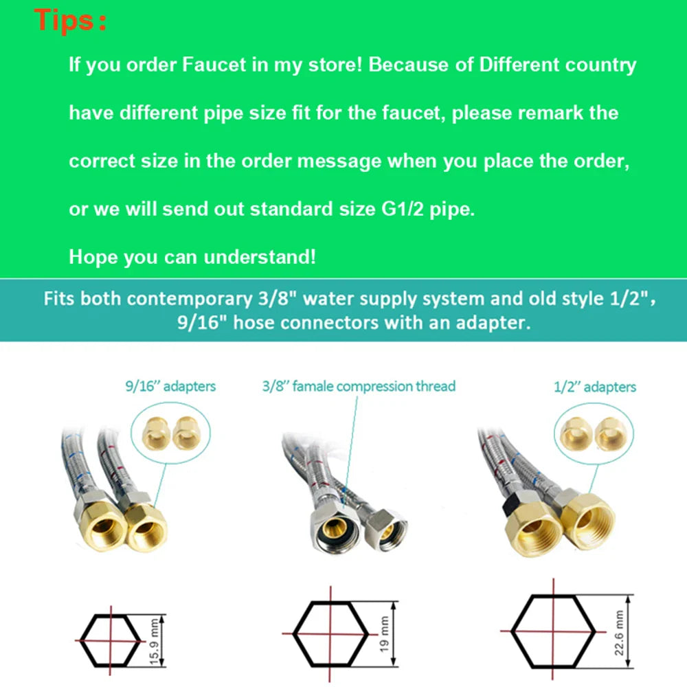 Brass-finished water supply hose connectors with hexagonal threaded ends for antique brass kitchen faucet dual handles