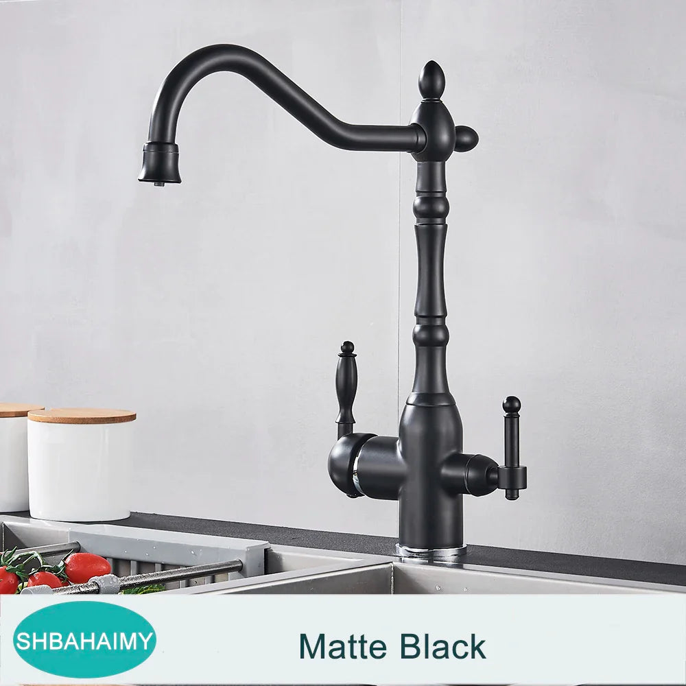 Matte black farmhouse-style kitchen faucet with ornate detailing and dual handles for antique brass kitchen faucet