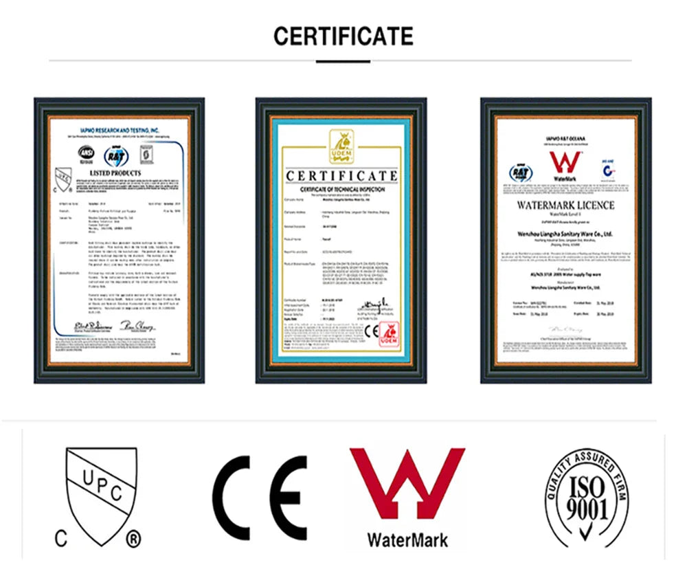 Three framed certificates displayed on a wall for an antique brass kitchen faucet with dual handles product