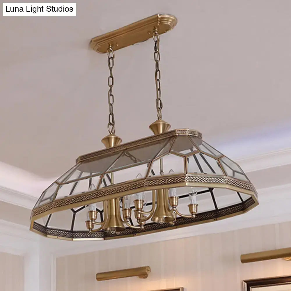 Antique brass colonialist living room island light with faceted clear glass panels and ornate metalwork fixture height included