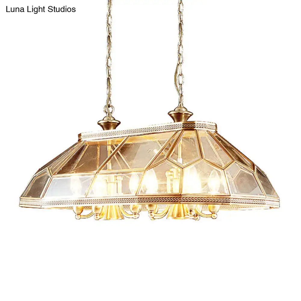 Brass-finished decorbites colonialist fixture with faceted living room panels and ornate metal detailing, 12 lamp heads