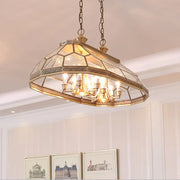 Antique brass pendant light with faceted living room clear glass panels and intricate metalwork with fixture width and height