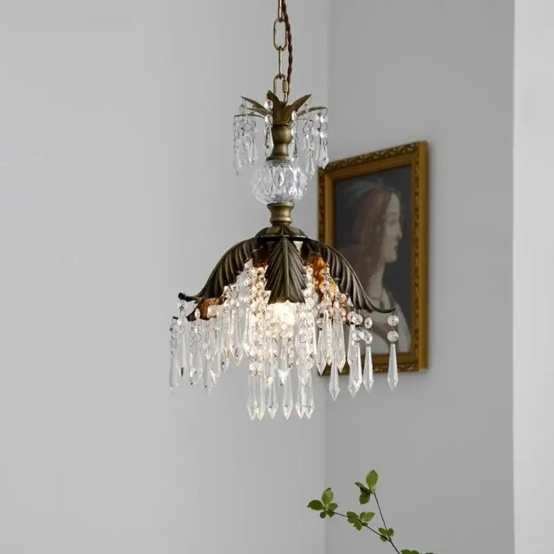 Antique brass leaf-shaped pendant light with dangling crystal droplets brass pendant chandelier for bedroom decor