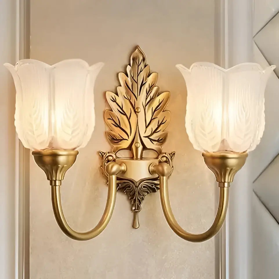 Antique brass leaf tulip wall lamp with gold-toned brass wall lamp and frosted glass shades for bedroom decorbites wall lamp