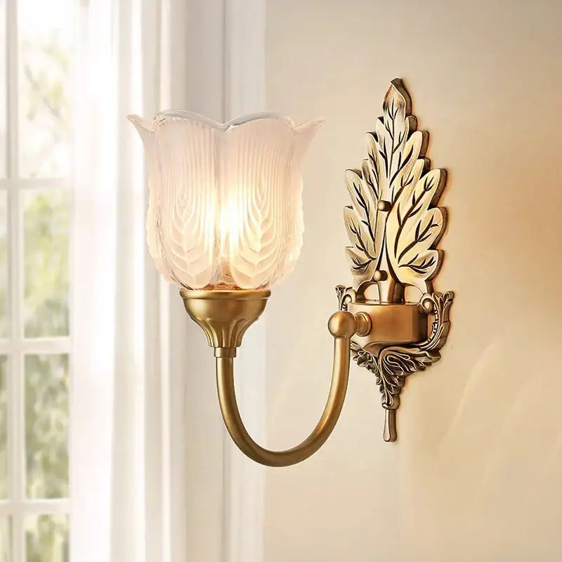 Antique brass leaf tulip wall lamp with frosted glass shade decorbites brass wall lamp for bedroom decor