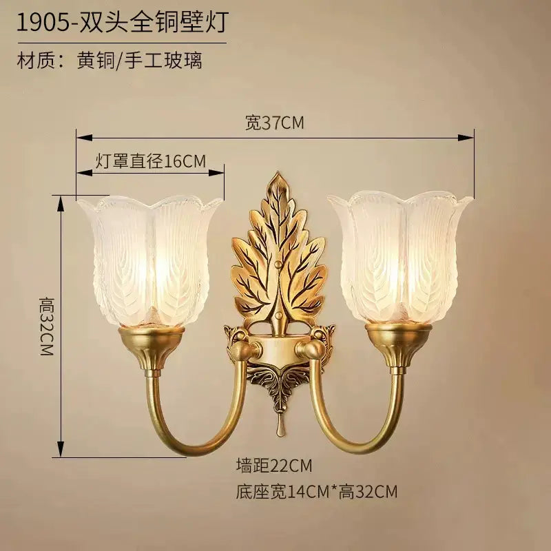 Antique brass leaf tulip wall lamp with two frosted glass shades and ornate centerpiece for bedroom decorbites brass wall lamp