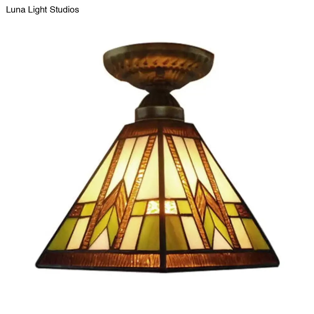 Antique Brass Mission Ceiling Light with Art Glass Shade - Pyramid Semi Flush Mount for Hallway