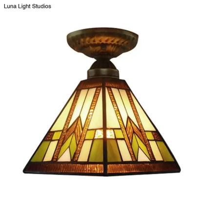 Antique Brass Mission Ceiling Light with Art Glass Shade - Pyramid Semi Flush Mount for Hallway