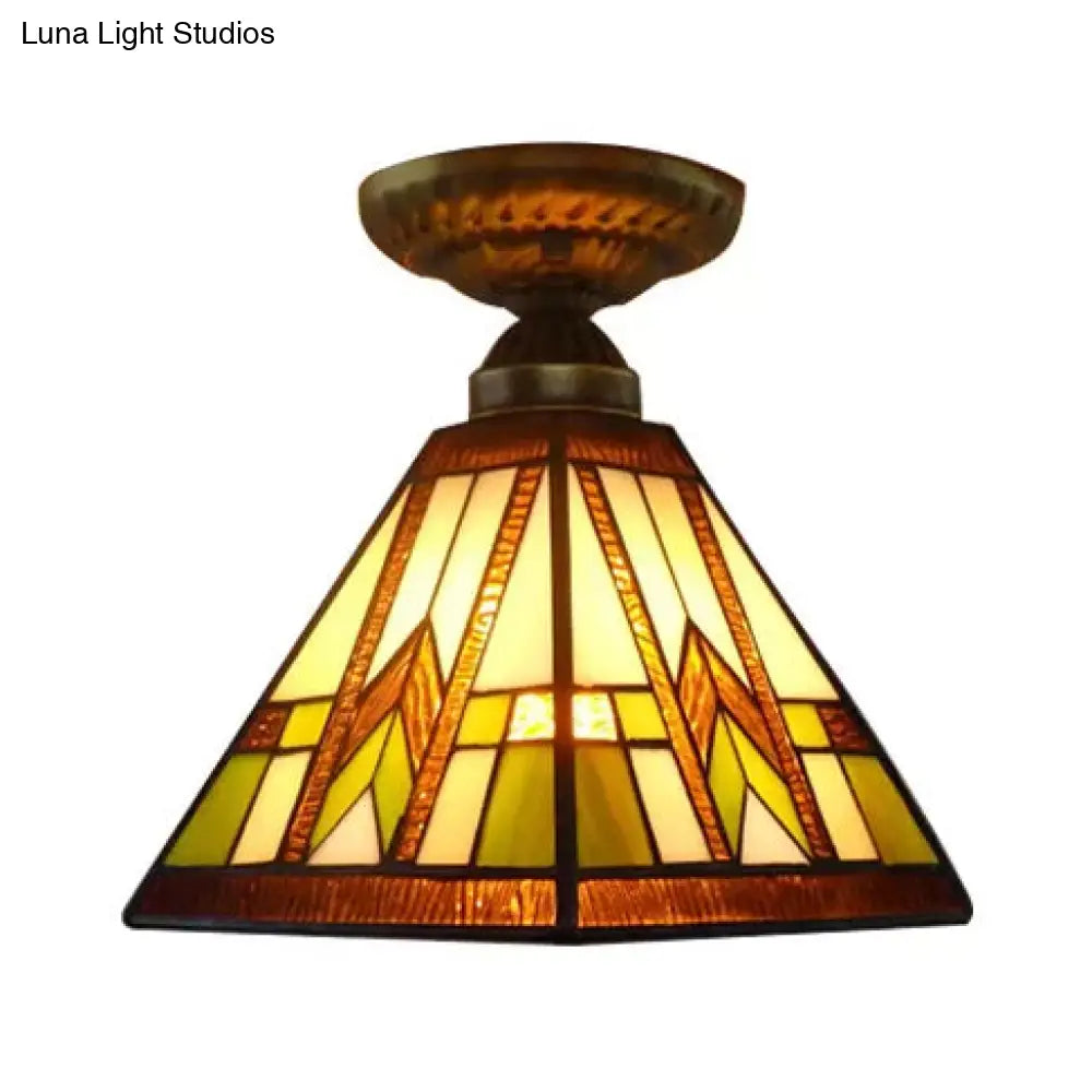 Antique Brass Mission Ceiling Light with Art Glass Shade - Pyramid Semi Flush Mount for Hallway