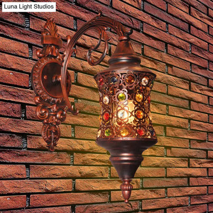 Antique brass mosaic filigree traditional iron wall lamp with bronze ornate metalwork and colorful glass panels 220v-240v 110v-120v