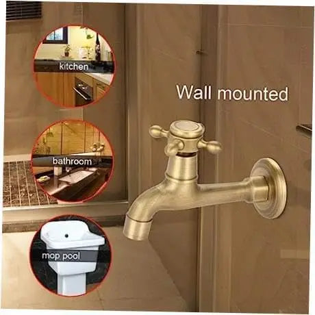 Brass-finished single hole wall-mounted outdoor faucet with classic cross-handle design and durable housing material
