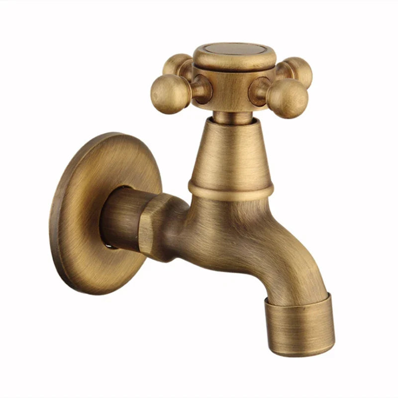 Antique brass outdoor wall-mounted single hole faucet with brass housing material and cross-shaped handle for garden use