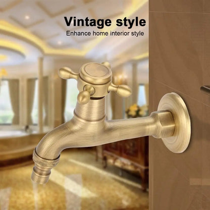 Vintage-style single hole antique brass outdoor faucet with cross handle housing material and brushed metallic finish