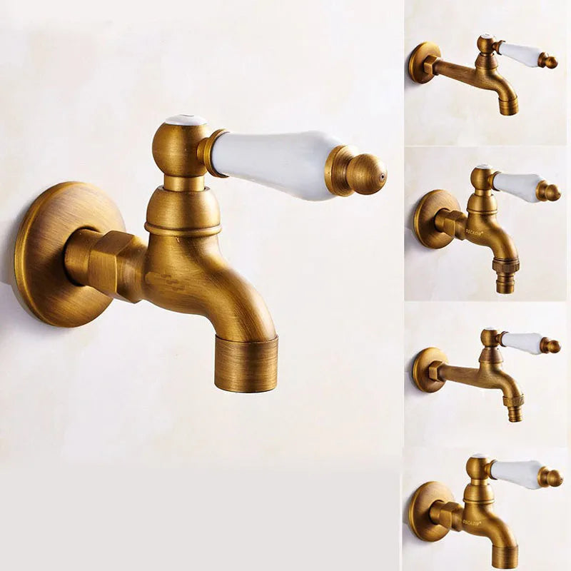 Antique brass single hole outdoor faucet with white ceramic handle housing material for garden or bathroom use