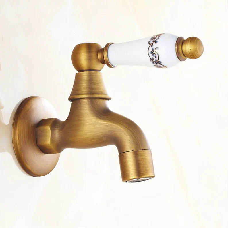 Antique brass outdoor single hole faucet with ceramic handle housing material for garden and bathroom use