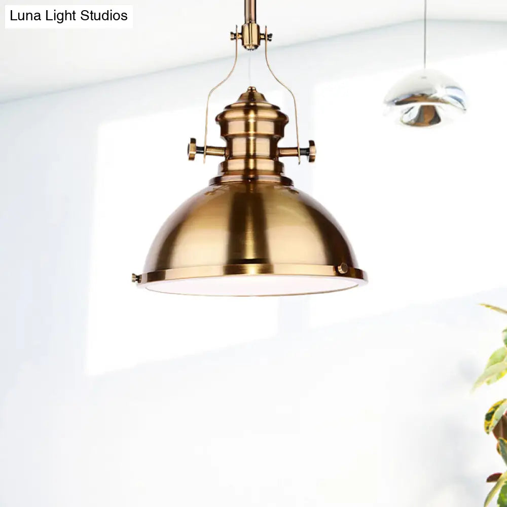 Antique Brass Pendant Light with Frosted Diffuser - Vintage Style Metal Dome Shade, 1-Light Hanging Lamp