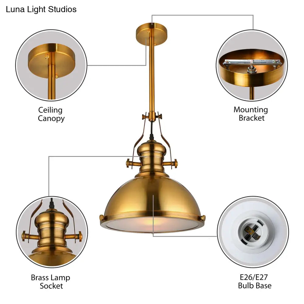 Antique Brass Pendant Light with Frosted Diffuser - Vintage Style Metal Dome Shade, 1-Light Hanging Lamp