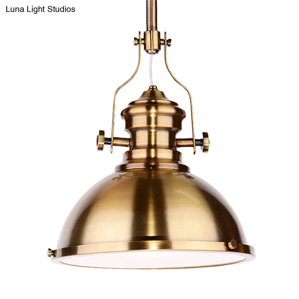 Antique Brass Pendant Light with Frosted Diffuser - Vintage Style Metal Dome Shade, 1-Light Hanging Lamp