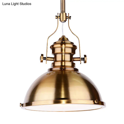 Antique Brass Pendant Light with Frosted Diffuser - Vintage Style Metal Dome Shade, 1-Light Hanging Lamp