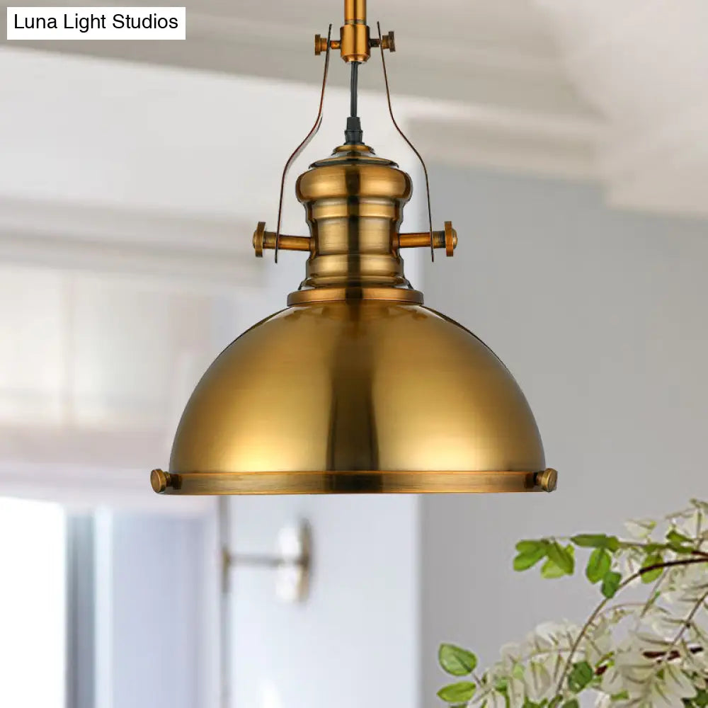 Antique Brass Pendant Light with Frosted Diffuser - Vintage Style Metal Dome Shade, 1-Light Hanging Lamp