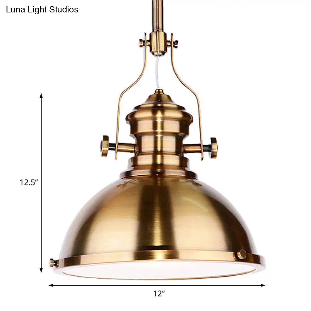 Antique Brass Pendant Light with Frosted Diffuser - Vintage Style Metal Dome Shade, 1-Light Hanging Lamp