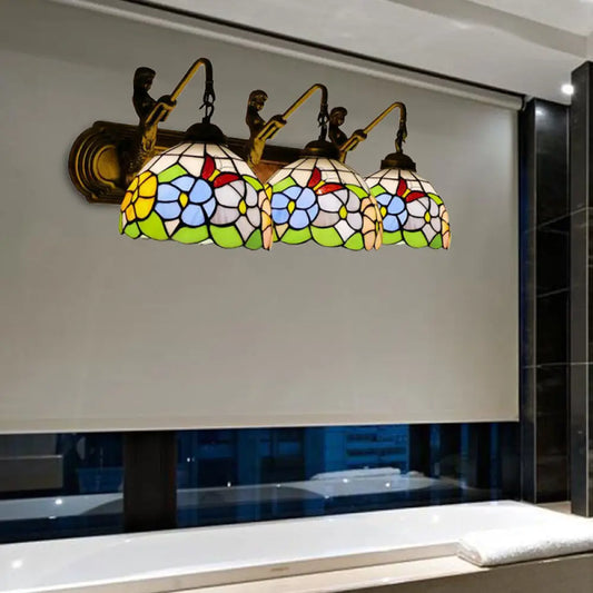 Aplique de pared antiguo de latón con forma de peonía y cristal azul/rosa Tiffany - 3 luces