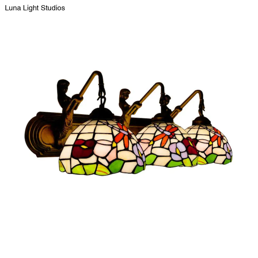 Aplique de pared antiguo de latón con forma de peonía y cristal azul/rosa Tiffany - 3 luces