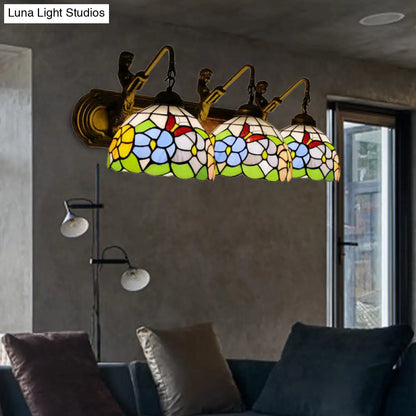 Aplique de pared antiguo de latón con forma de peonía y cristal azul/rosa Tiffany - 3 luces