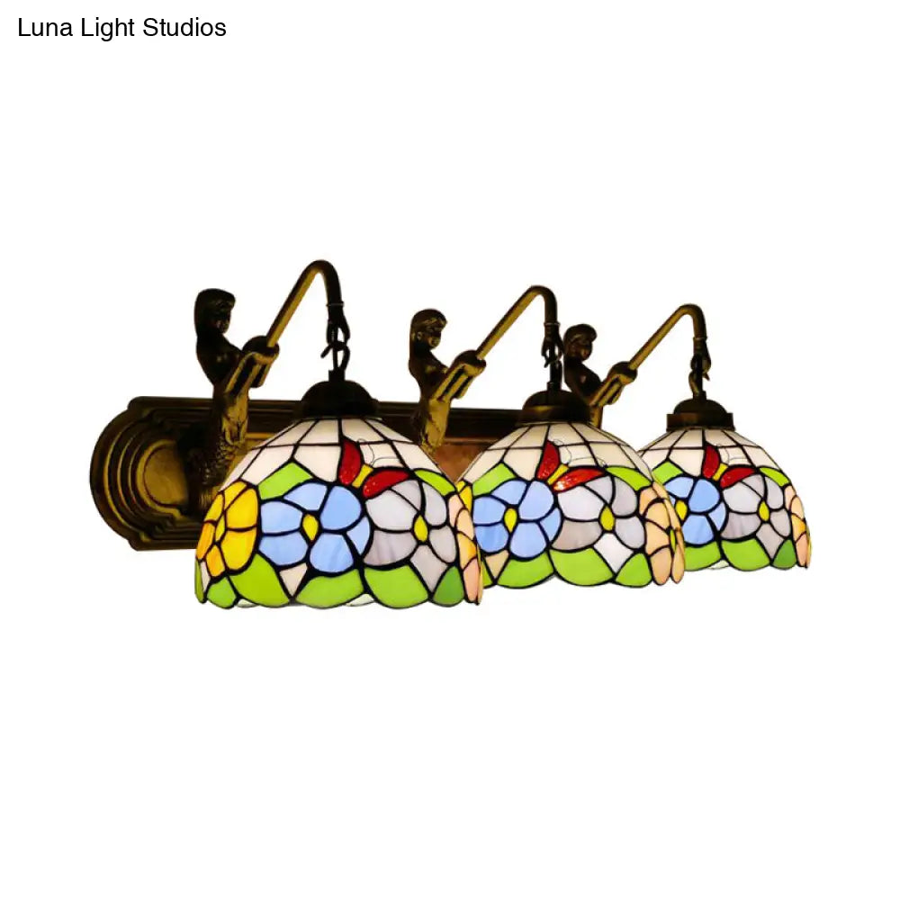 Aplique de pared antiguo de latón con forma de peonía y cristal azul/rosa Tiffany - 3 luces