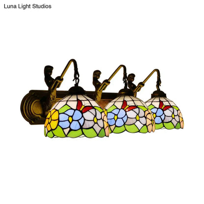 Aplique de pared antiguo de latón con forma de peonía y cristal azul/rosa Tiffany - 3 luces