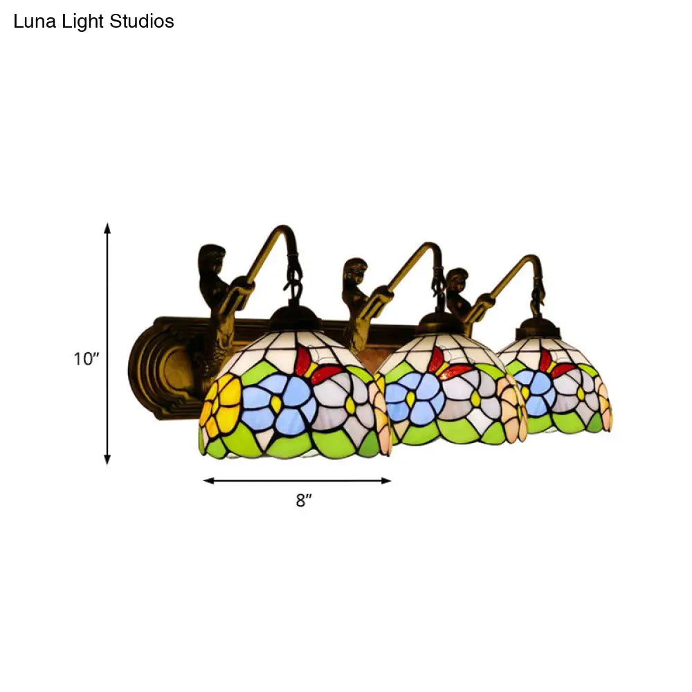 Aplique de pared antiguo de latón con forma de peonía y cristal azul/rosa Tiffany - 3 luces