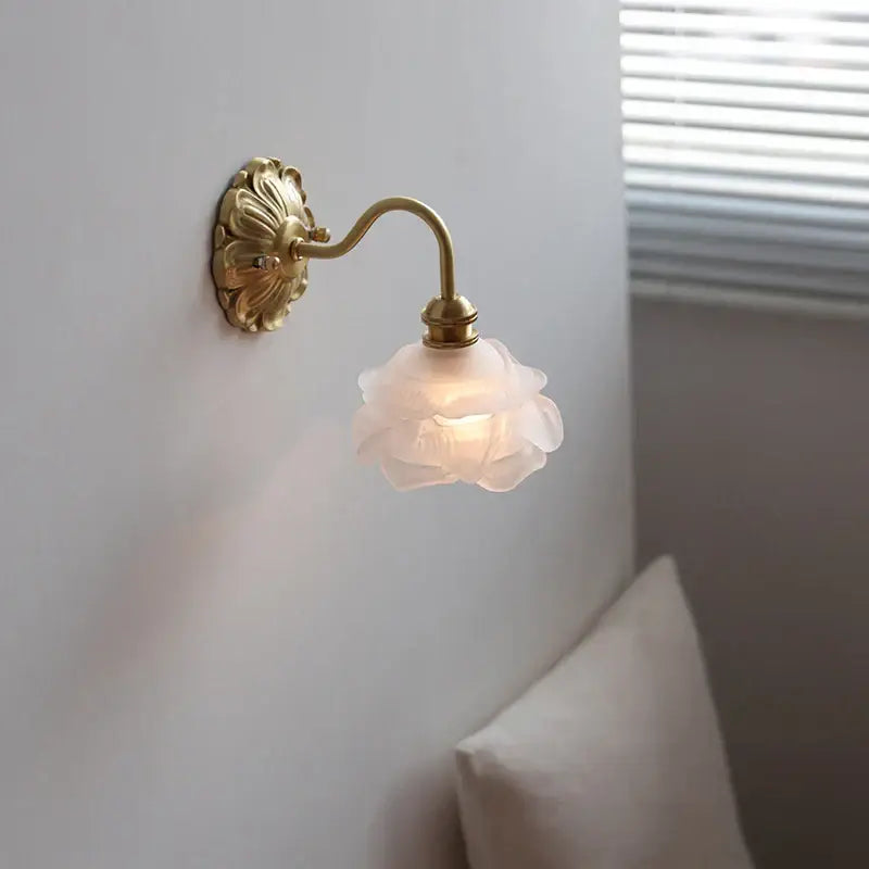 Antique brass wall lamp with a delicate pink rose frosted glass shade for bedroom decorbites frosted glass lighting