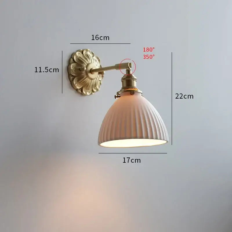 Antique brass ribbed ceramic led wall light with off-white shade for bedroom decorbites ceramic led wall use